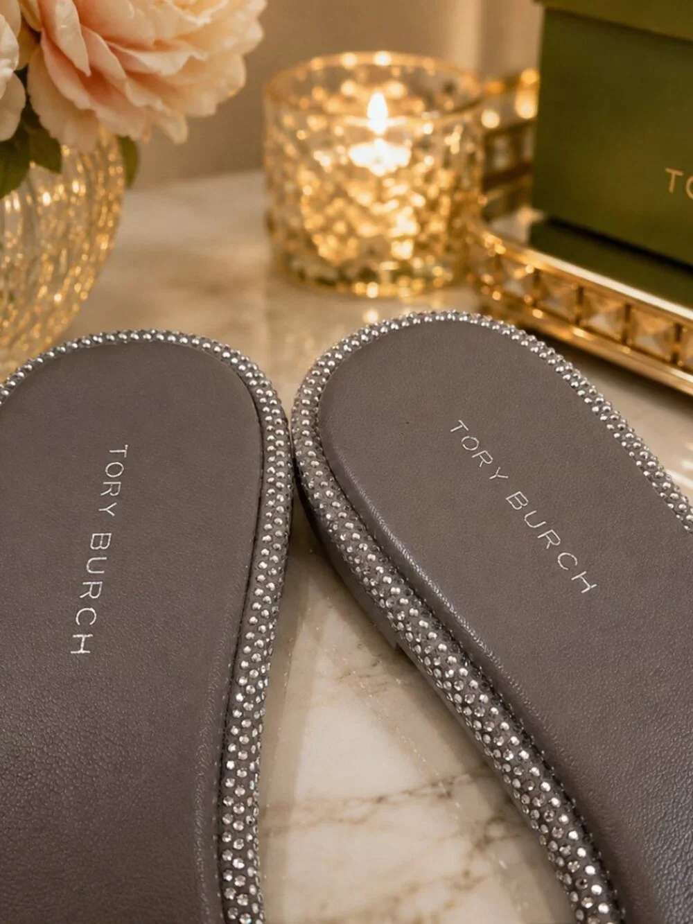 Tory Burch Crystal Silver Everly Slides
